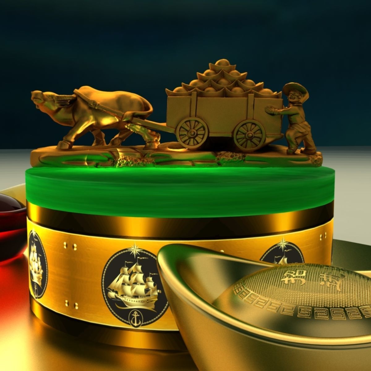 Chinese gold ingot with bull cart 3D model_3