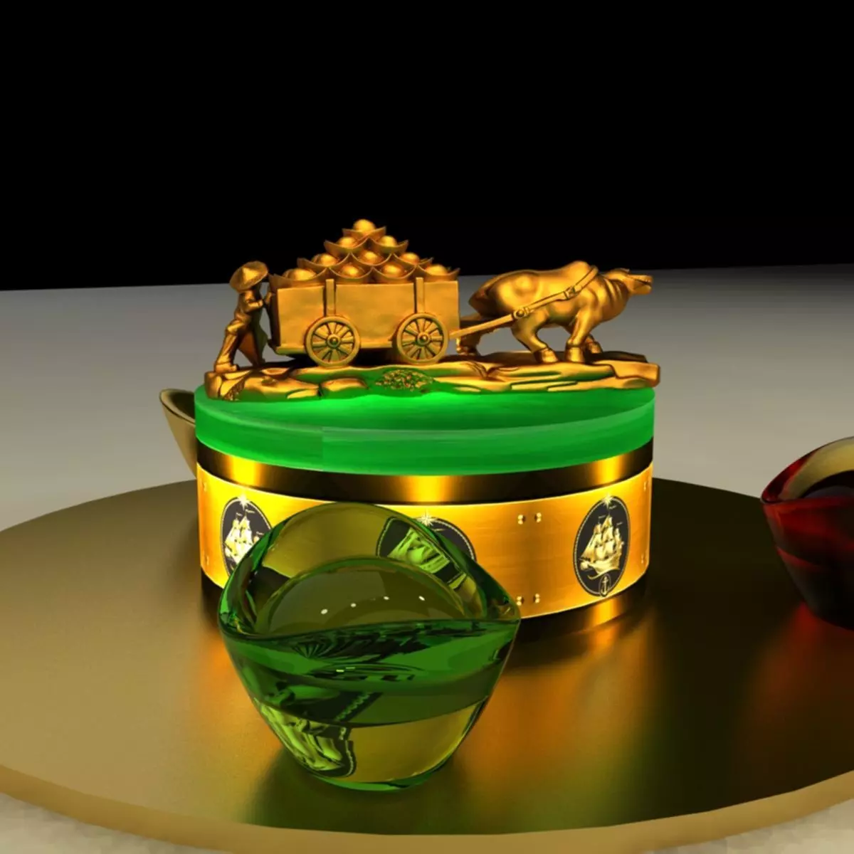 Chinese gold ingot with bull cart 3D model_0