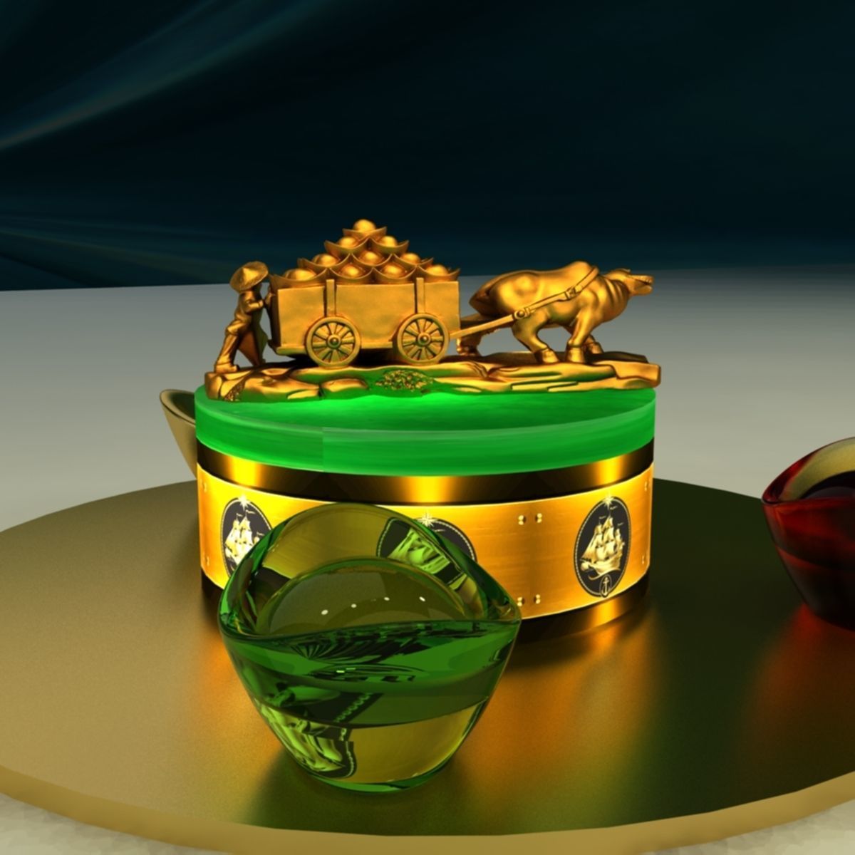 Chinese gold ingot with bull cart 3D model_1