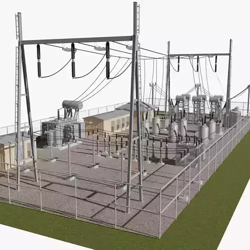 Substation Set 3 power station with wires and poles Low-poly 3D model