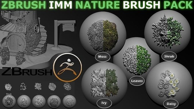 Zbrush Imm Nature Brush Pack Ivy Moss Leaves Shrub and Flowers  Texture