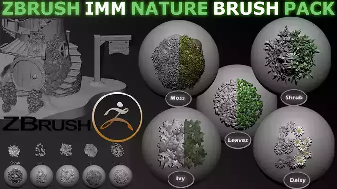 Zbrush Imm Nature Brush Pack Ivy Moss Leaves Shrub and Flowers 