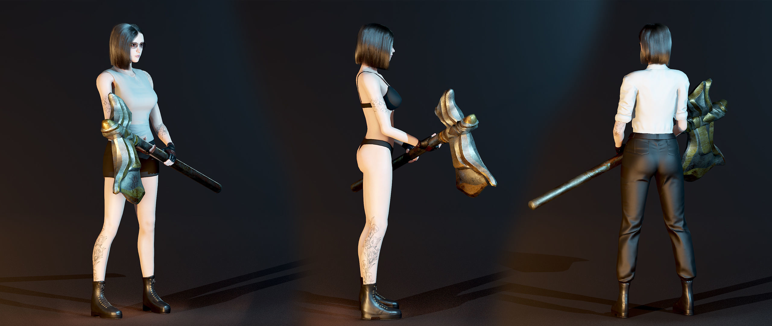 Fighting Girl with Battle Axe Game Ready Character Low-poly 3D model_33