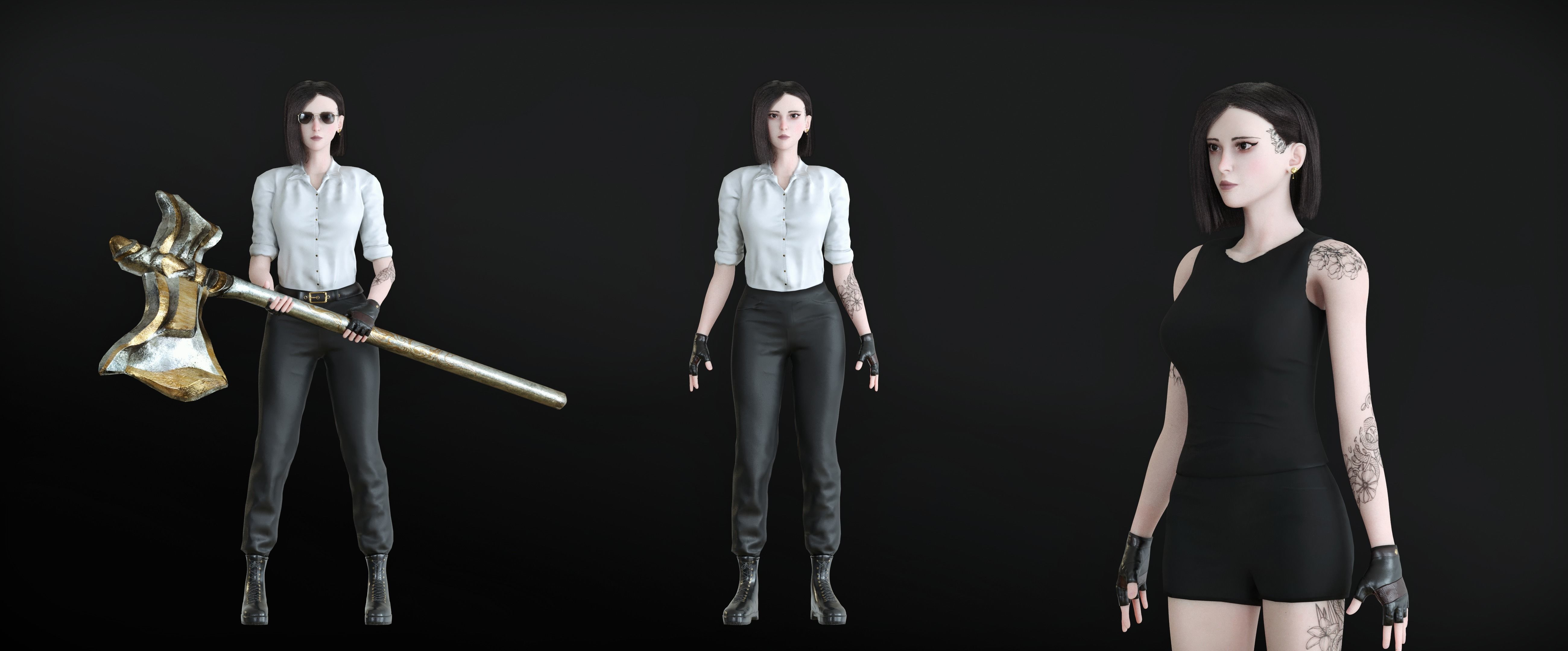 Fighting Girl with Battle Axe Game Ready Character Low-poly 3D model_42