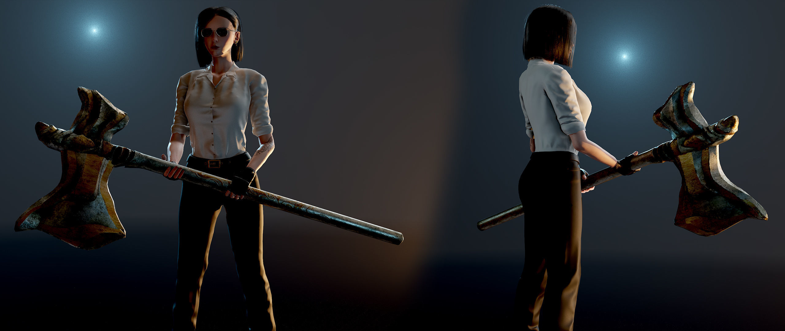 Fighting Girl with Battle Axe Game Ready Character Low-poly 3D model_36