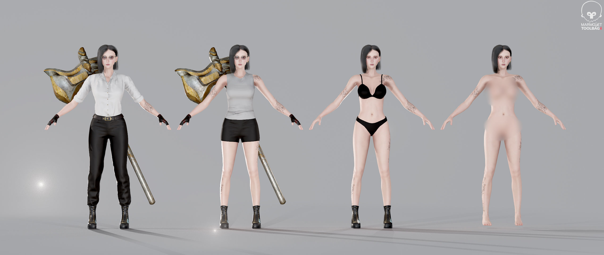 Fighting Girl with Battle Axe Game Ready Character Low-poly 3D model_6