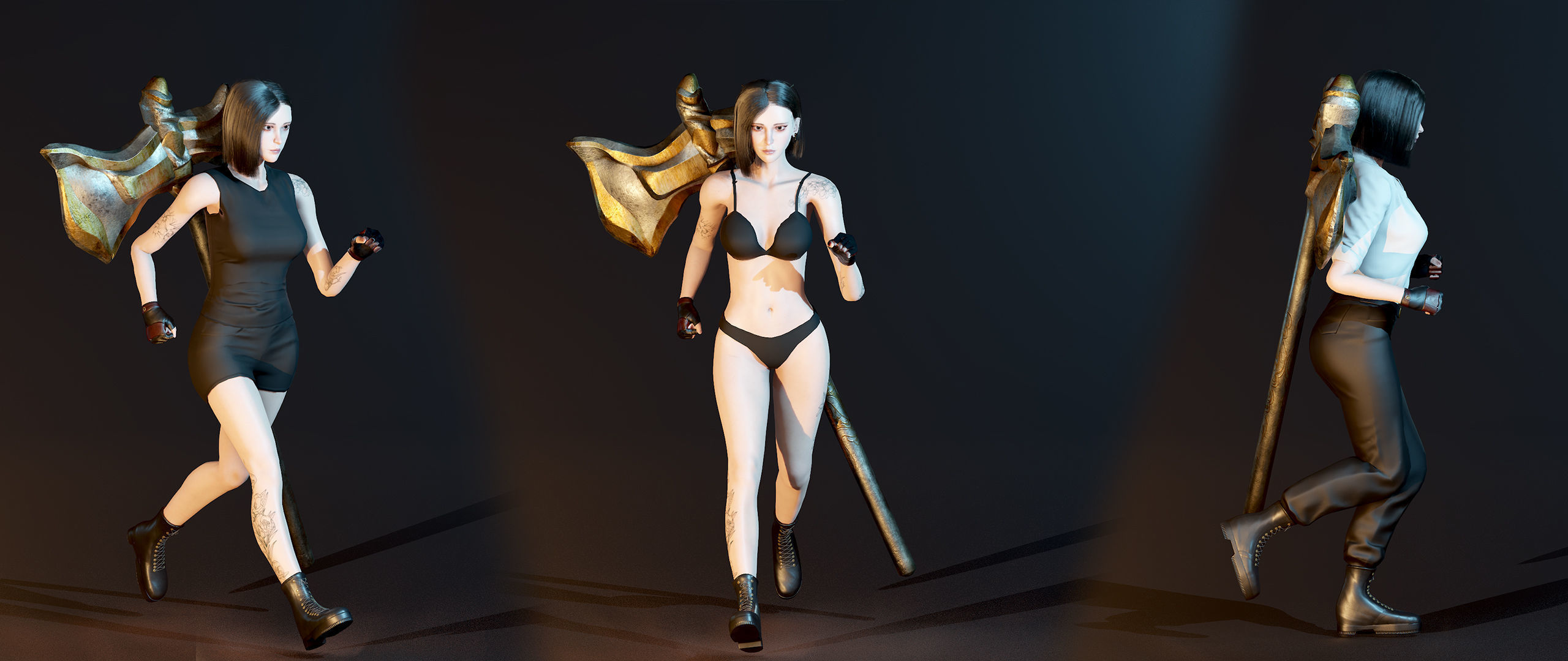 Fighting Girl with Battle Axe Game Ready Character Low-poly 3D model_34