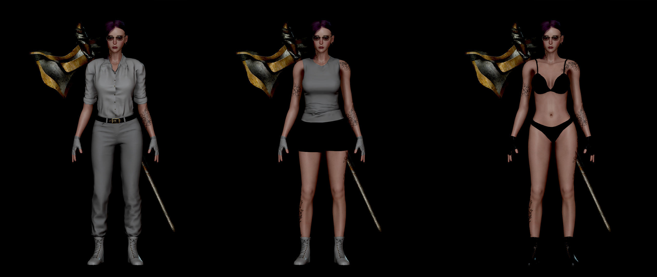 Fighting Girl with Battle Axe Game Ready Character Low-poly 3D model_27