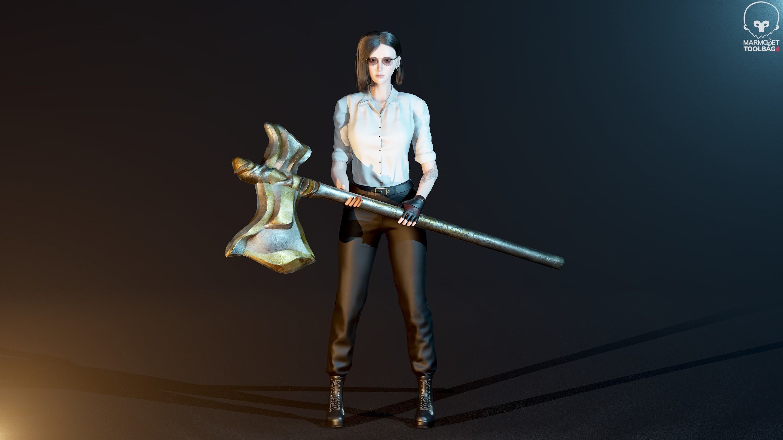 Fighting Girl with Battle Axe Game Ready Character Low-poly 3D model_32