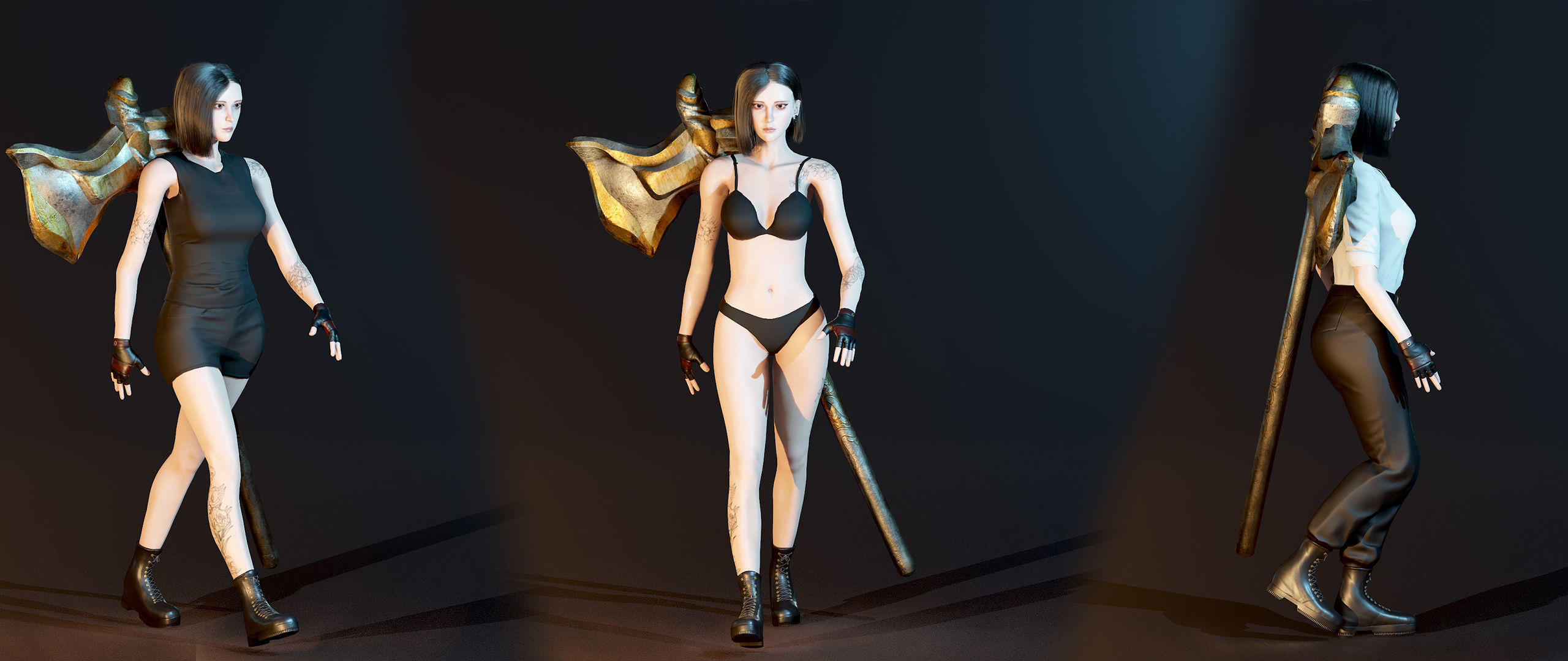 Fighting Girl with Battle Axe Game Ready Character Low-poly 3D model_31