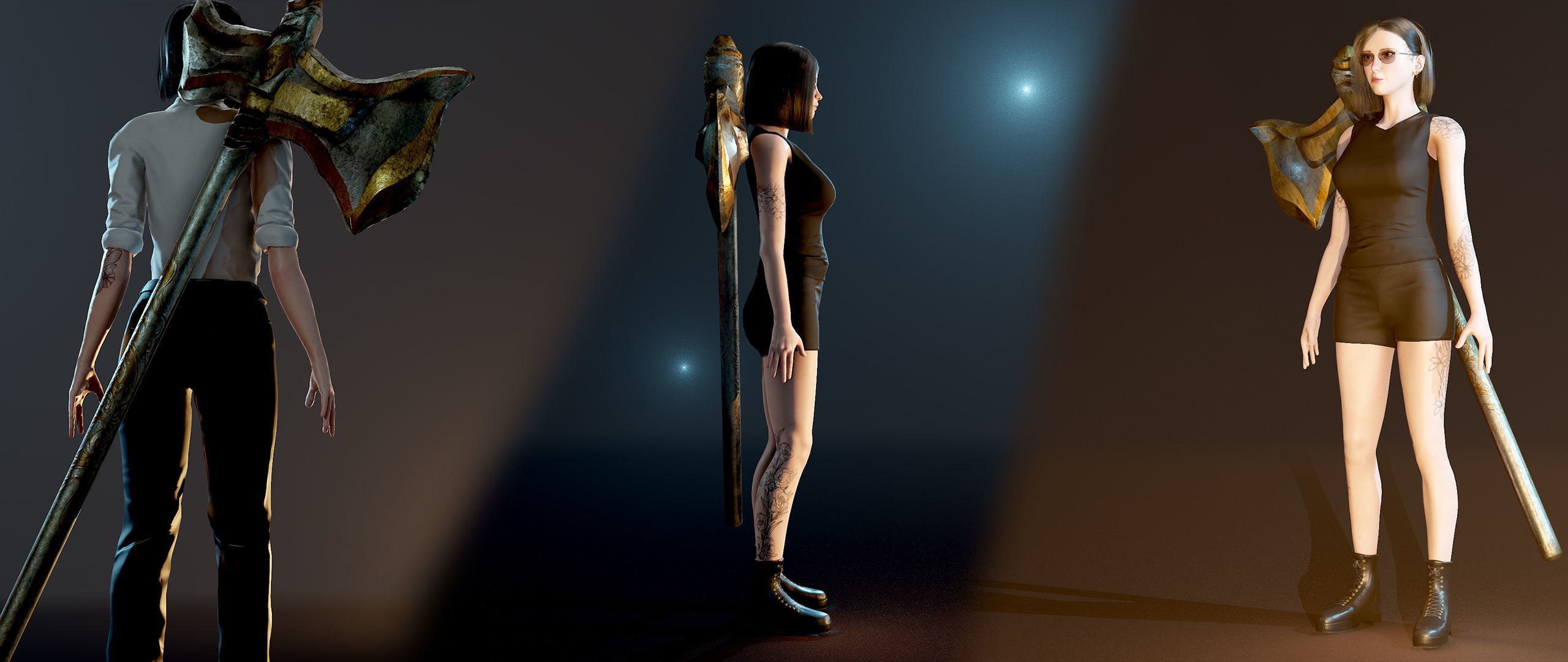 Fighting Girl with Battle Axe Game Ready Character Low-poly 3D model_35