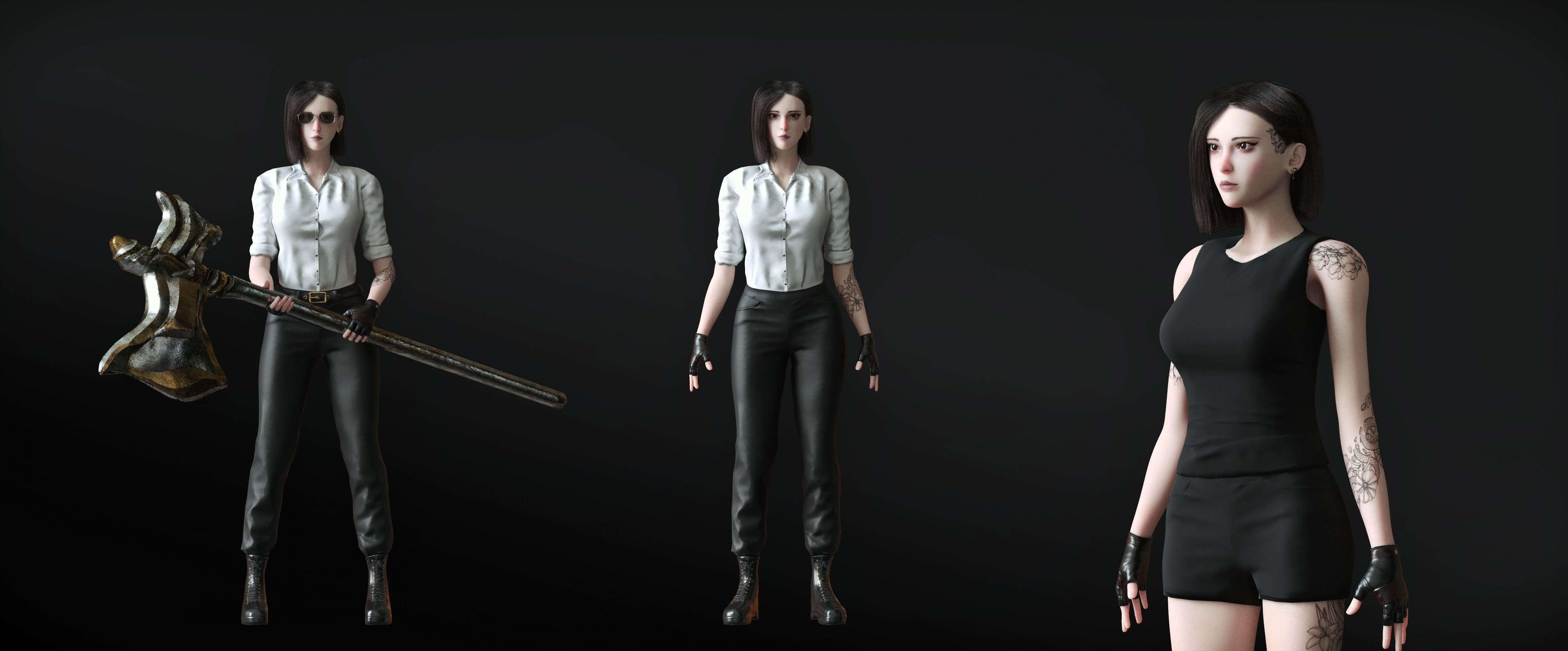 Fighting Girl with Battle Axe Game Ready Character Low-poly 3D model_44