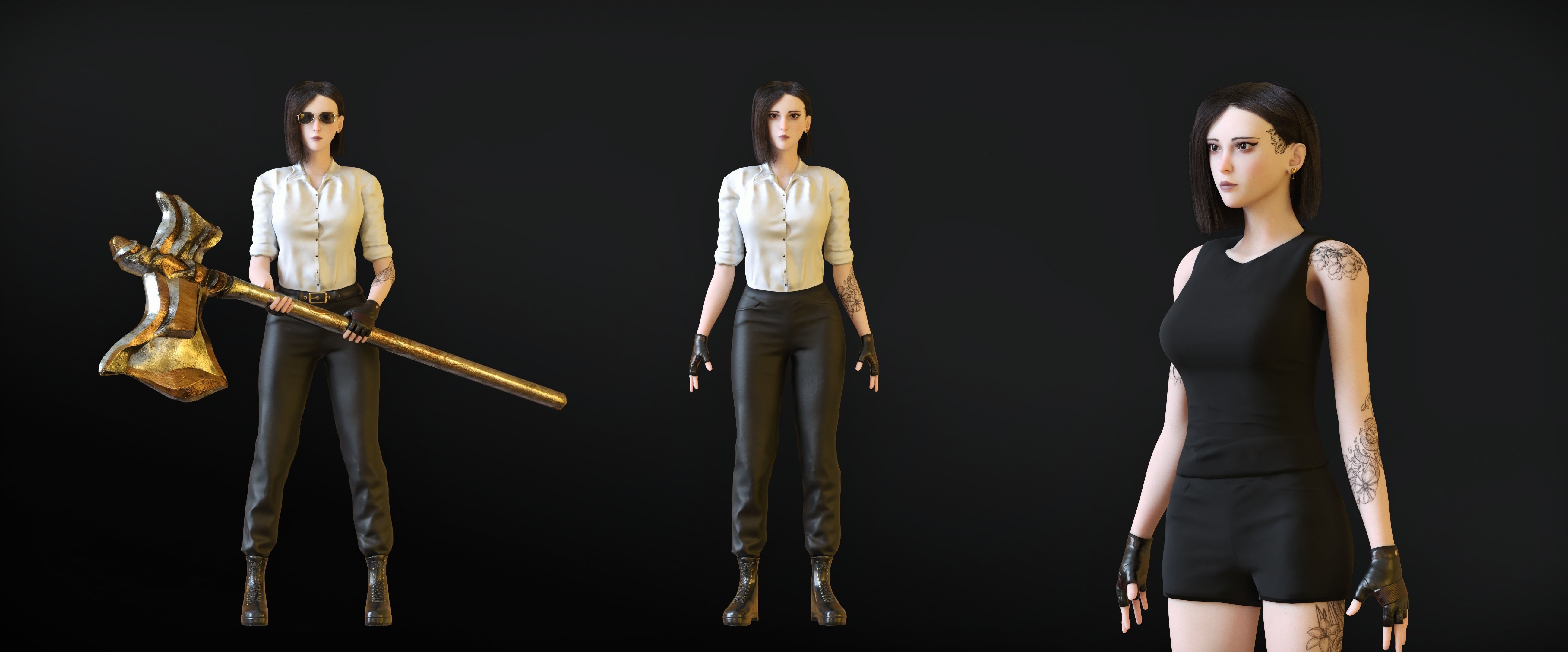 Fighting Girl with Battle Axe Game Ready Character Low-poly 3D model_43