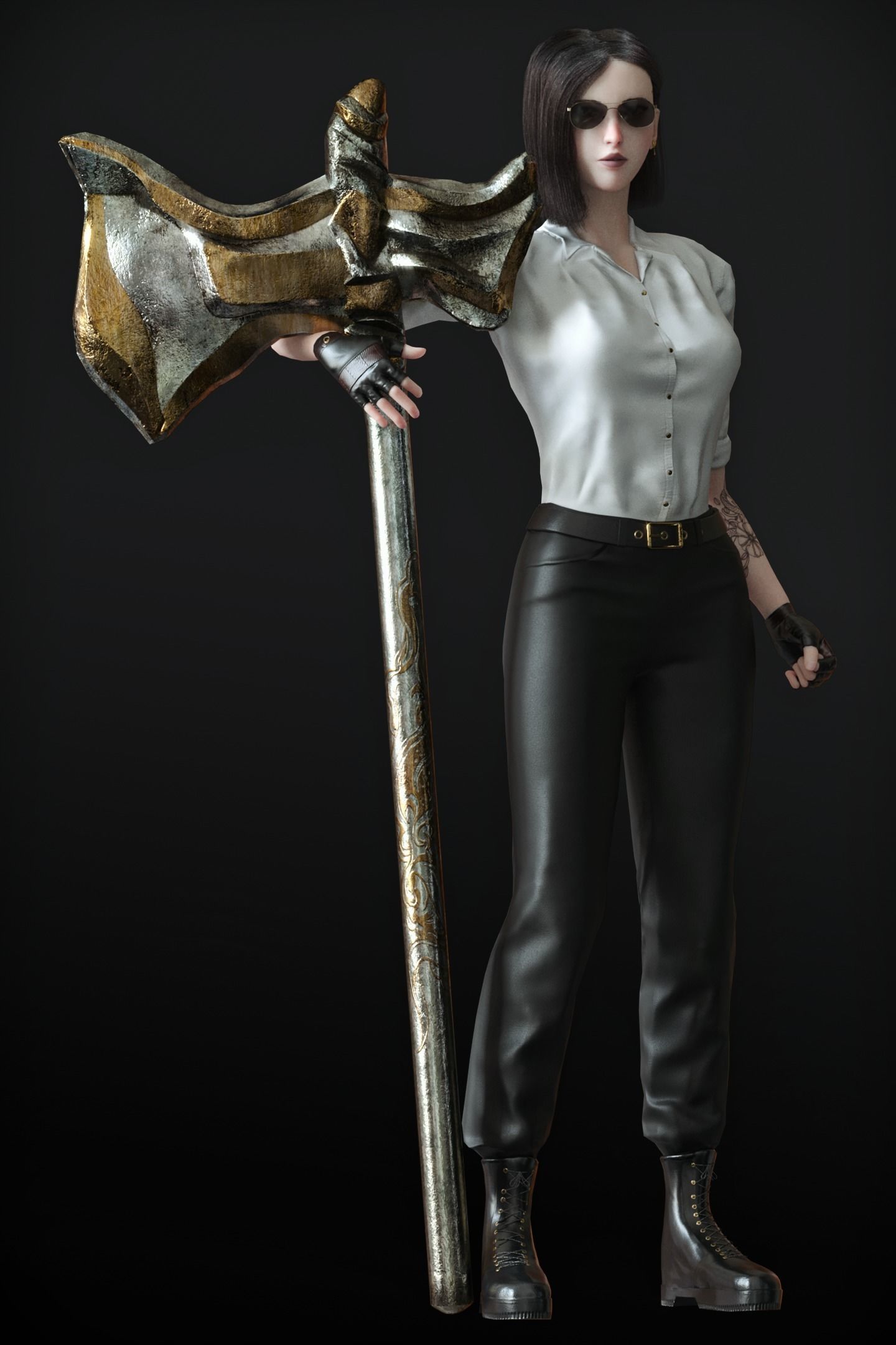 Fighting Girl with Battle Axe Game Ready Character Low-poly 3D model_45