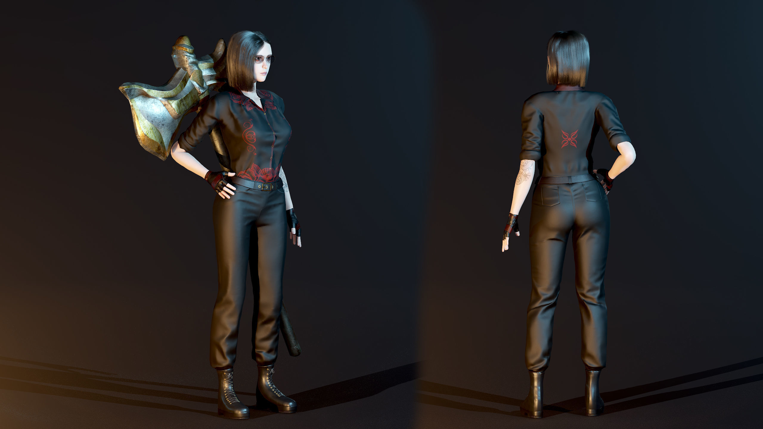 Fighting Girl with Battle Axe Game Ready Character Low-poly 3D model_29