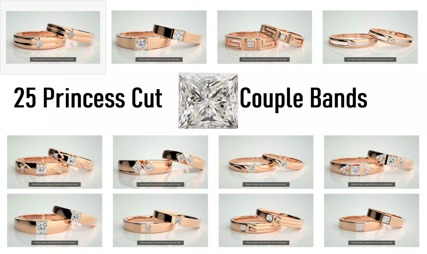 25 Solitaire Princess Couple Band Ring 3dm stl render detail  3D Model Collection_0