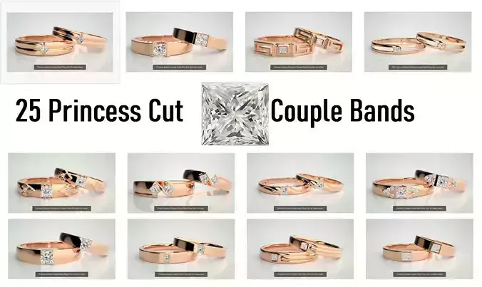 25 Solitaire Princess Couple Band Ring 3dm stl render detail  3D Model Collection