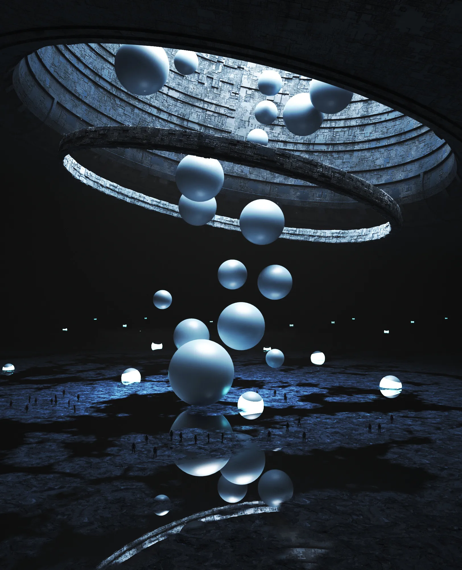 Sci-Fi Cave - Underground Hall with Floating Spheres 3D model