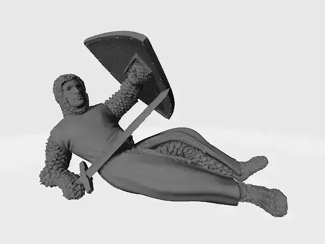 Medieval wounded knight on the ground with sword and shield