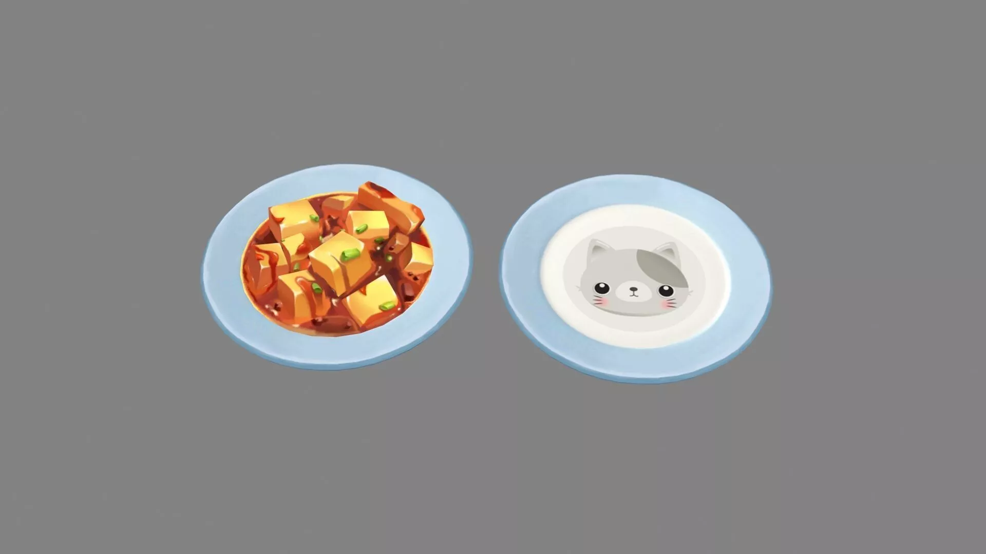 Cartoon Chinese Food - Braised Tofu - kitten plate Low-poly 3D model