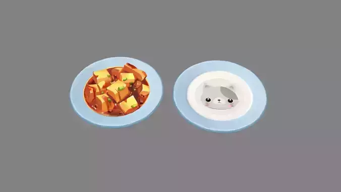 Cartoon Chinese Food - Braised Tofu - kitten plate