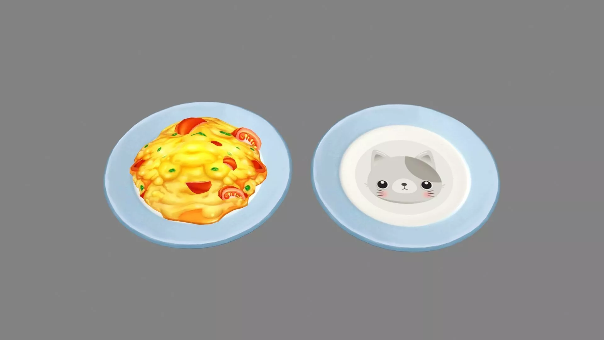 Cartoon Chinese Food - Scrambled Eggs with Tomato - kitten plate Low-poly 3D model