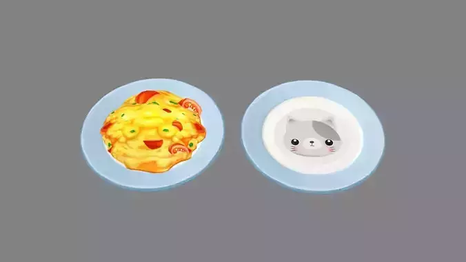 Cartoon Chinese Food - Scrambled Eggs with Tomato - kitten plate