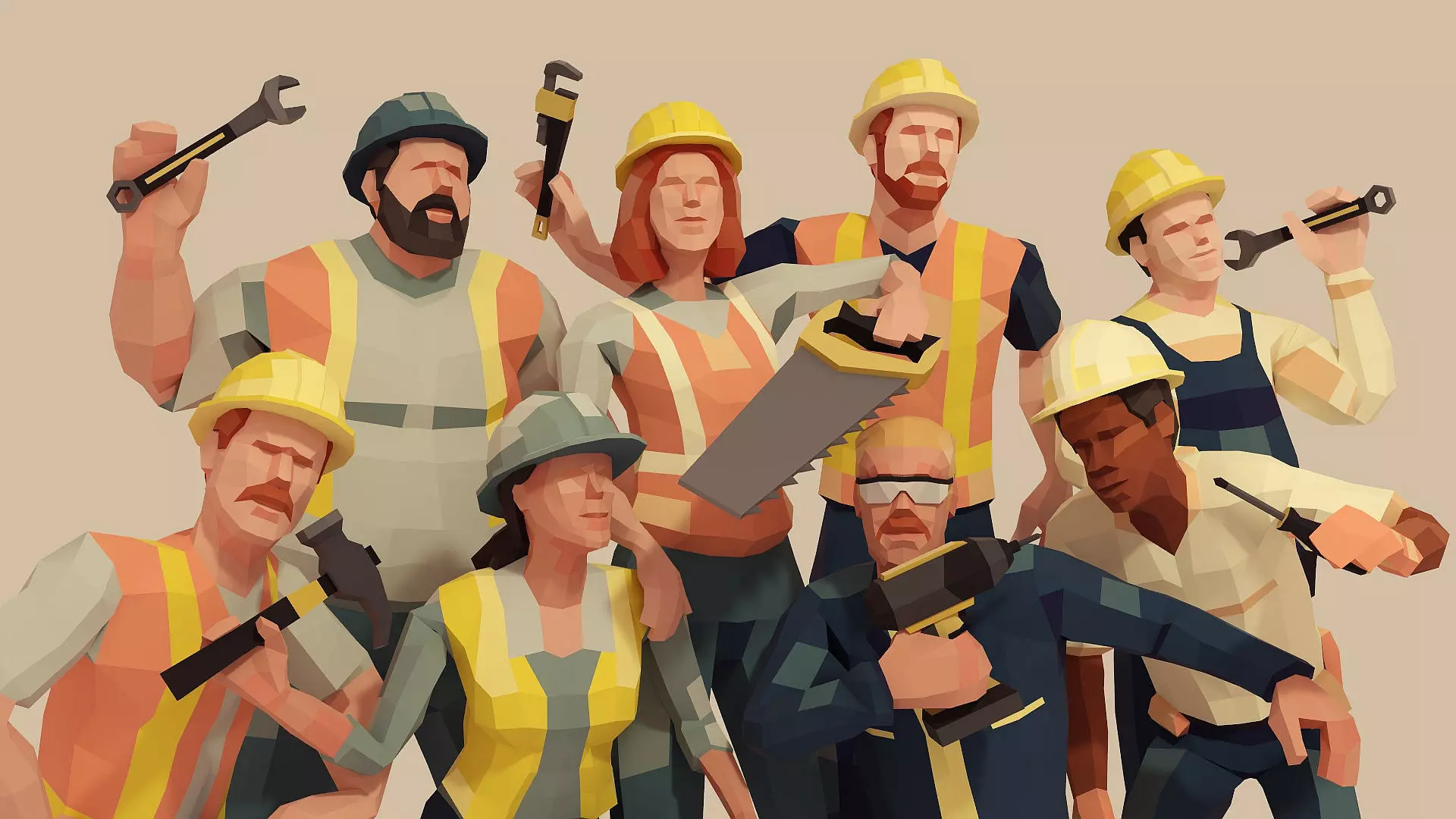 Construction Workers Team Low Poly Art Style  Rigged Pack Low-poly 3D model_0