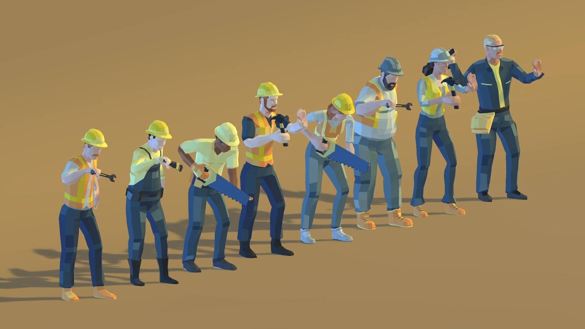 Construction Workers Team Low Poly Art Style  Rigged Pack Low-poly 3D model_5
