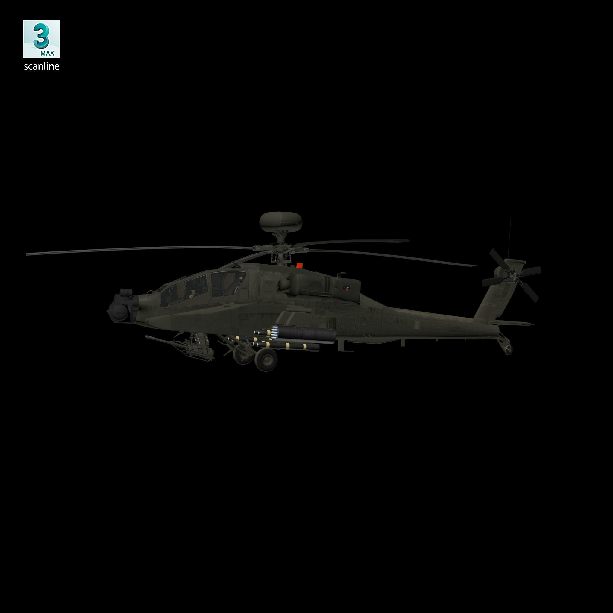 AH64E Apache Longbow Helicopter Green Hard Used 3D model_2