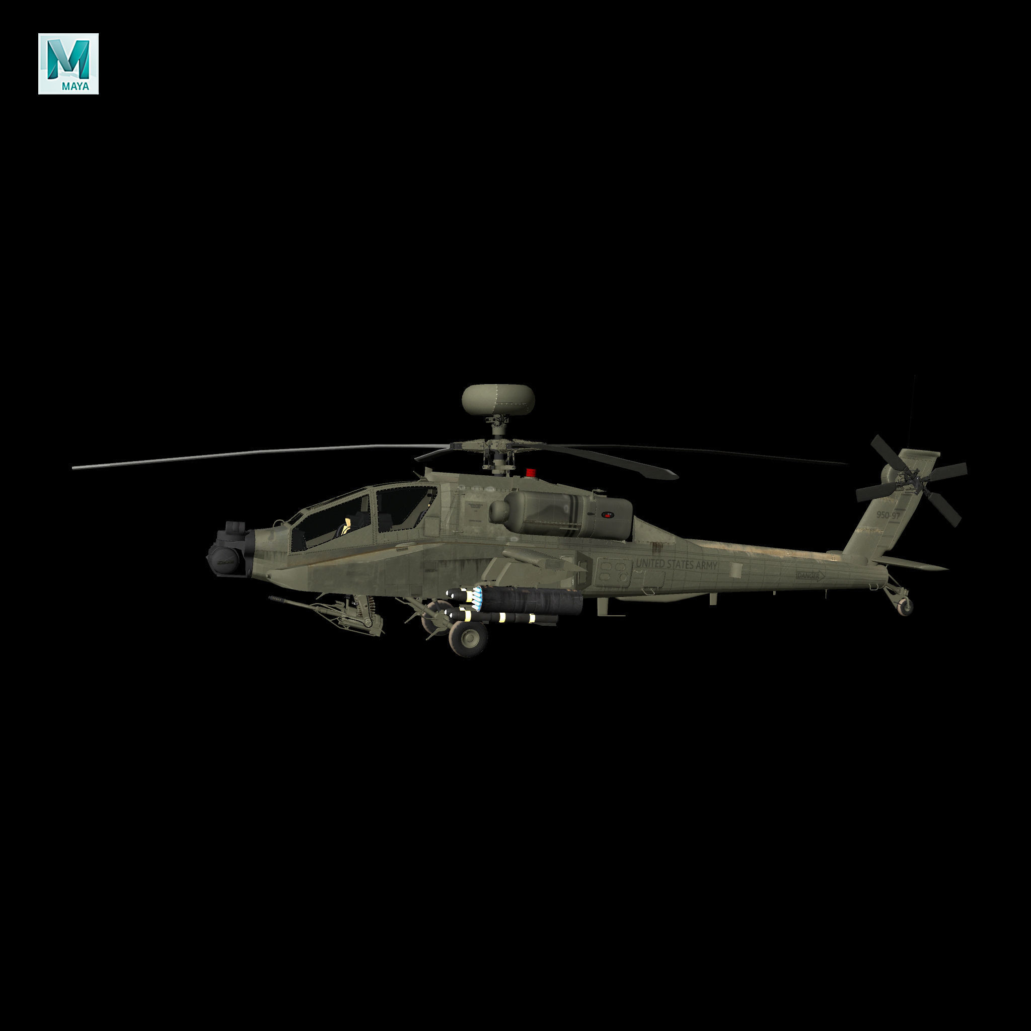 AH64E Apache Longbow Helicopter Green Hard Used 3D model_3
