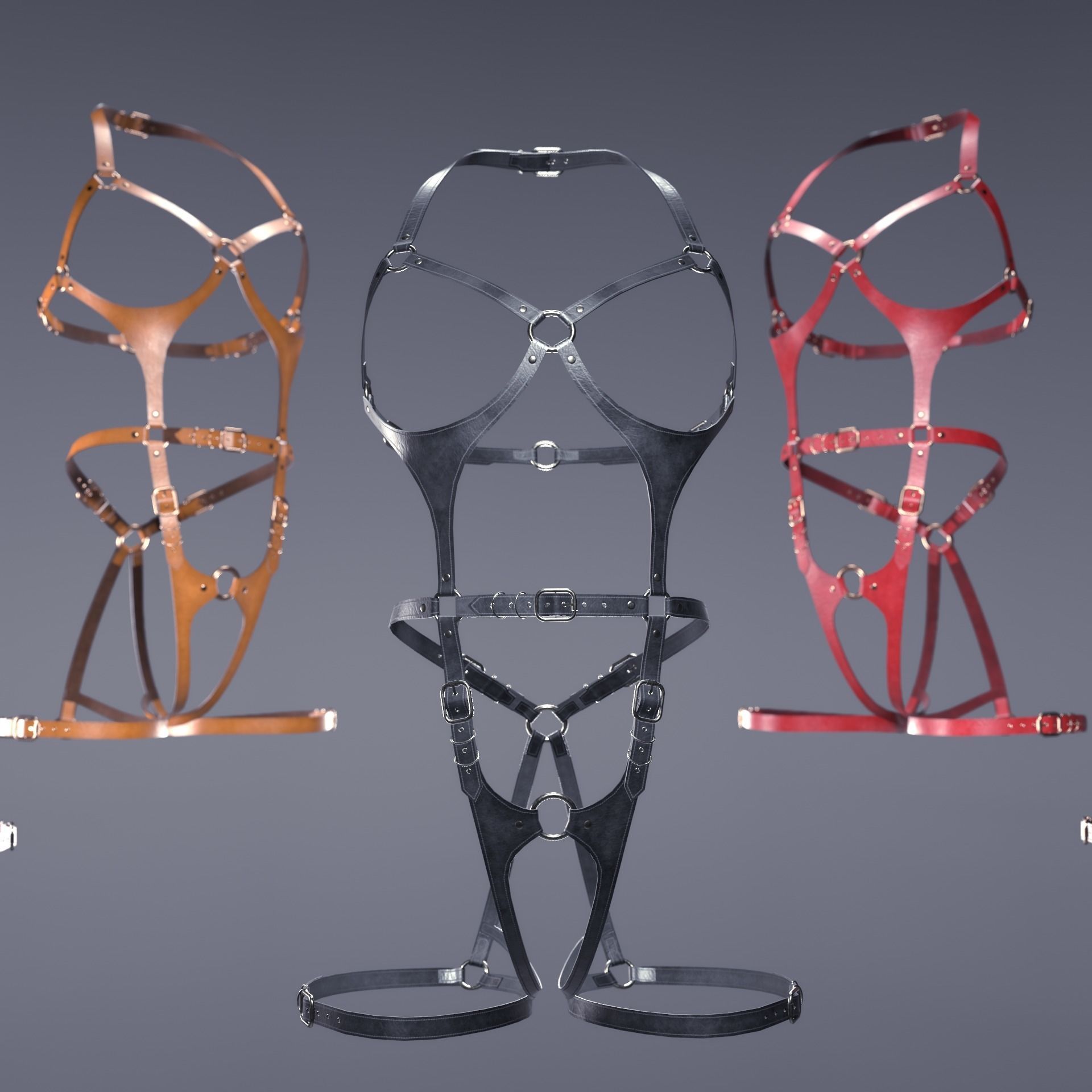 Five leather portupeya harness bondage set Low-poly 3D model_10