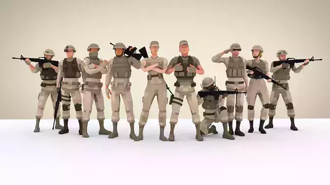 Military Squad Low Poly Art Rigged Pack Low-poly 3D model