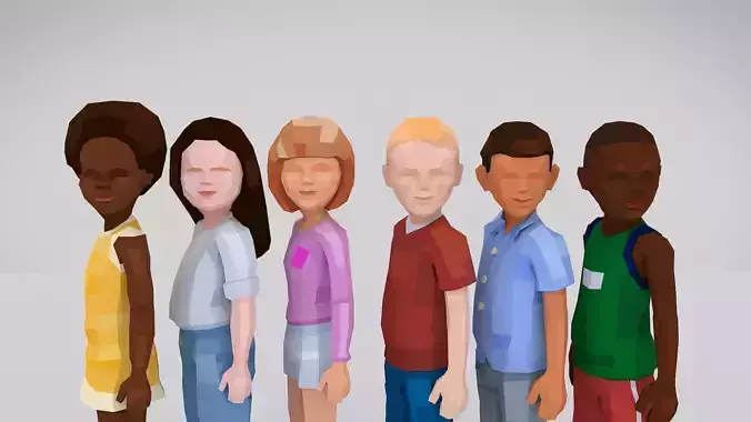 6 Little Kids Rigged Characters in Low Poly Art Style