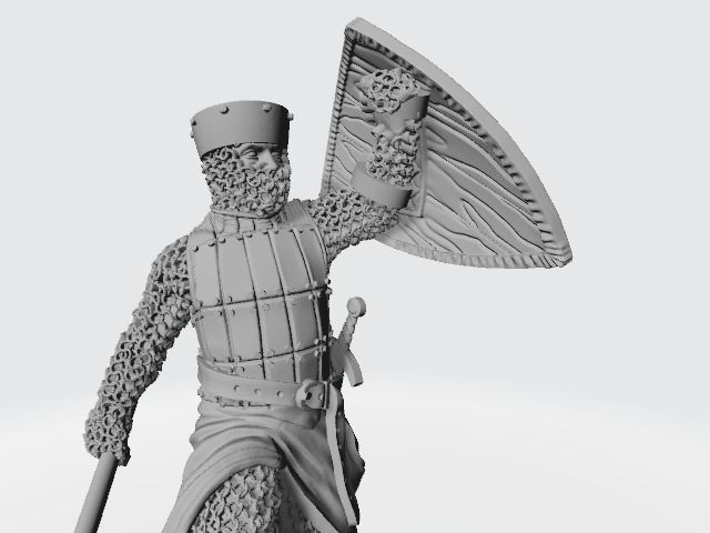 Medieval crusader knight with flat helmet and shield and mace 3D print model_1
