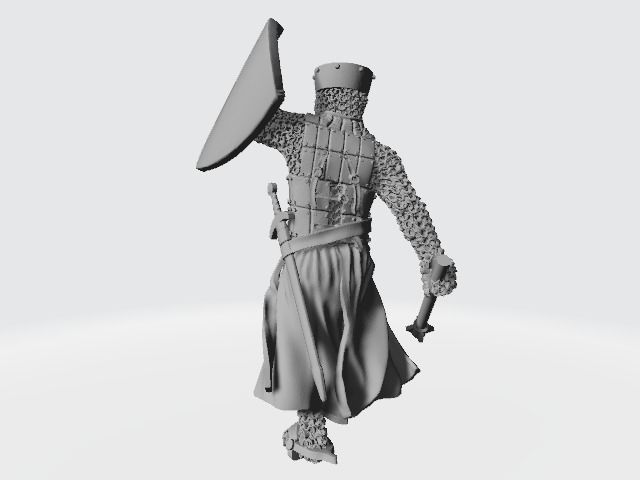 Medieval crusader knight with flat helmet and shield and mace 3D print model_6