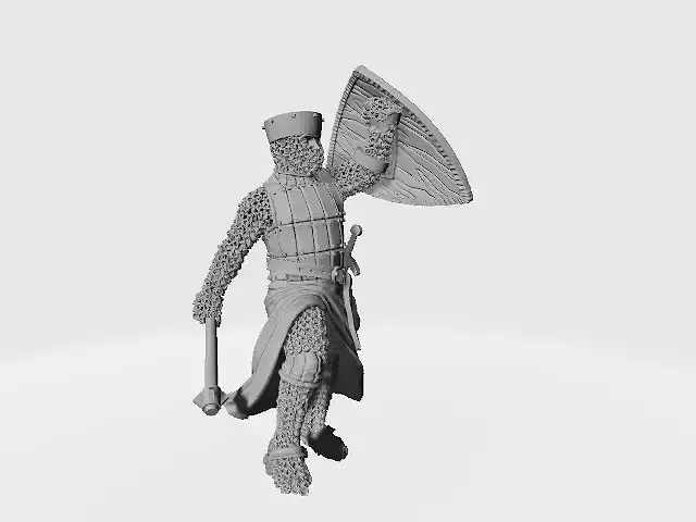 Medieval crusader knight with flat helmet and shield and mace