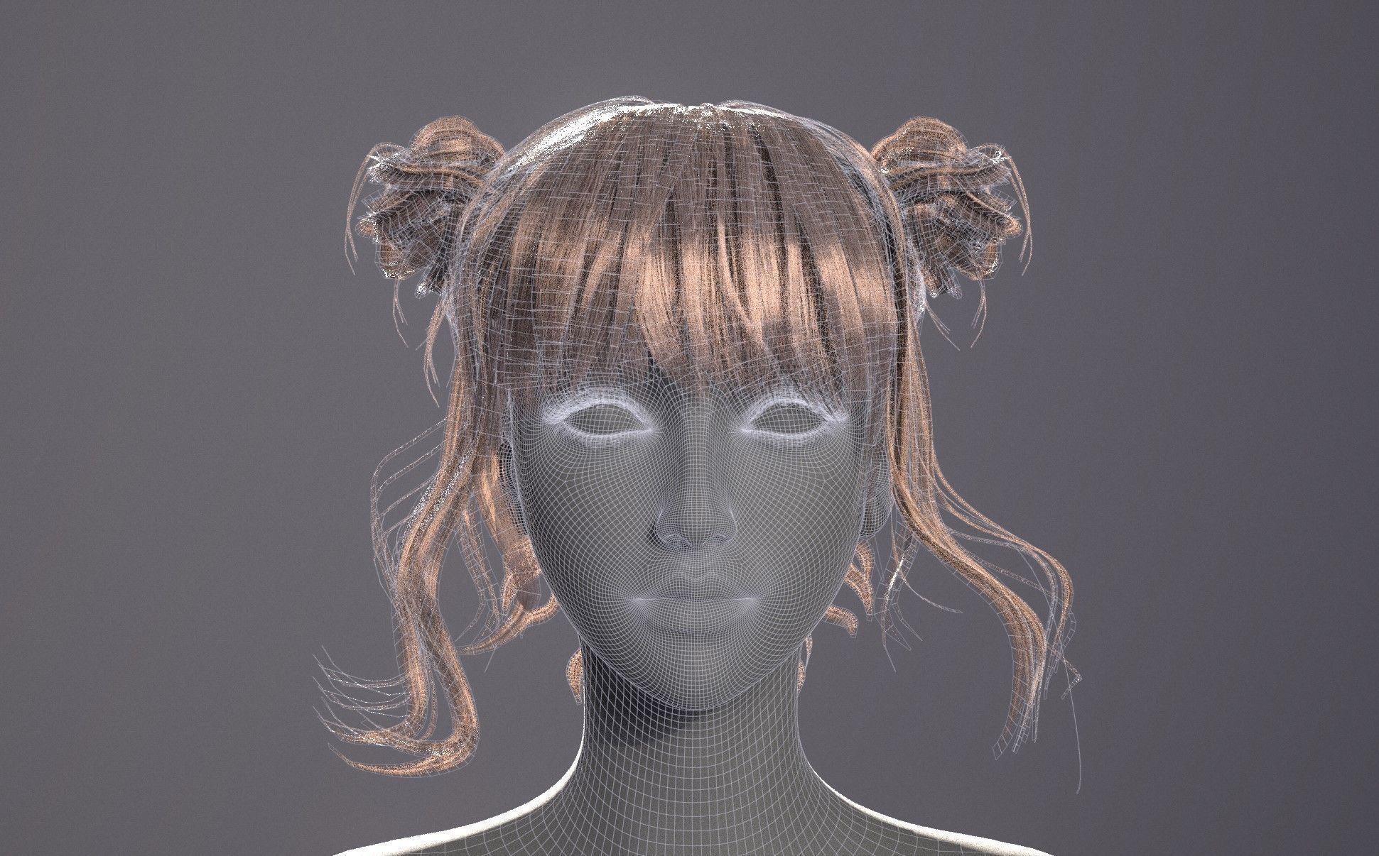 Rigged Game Hairstyle - Twin Buns  Low-poly 3D model_10