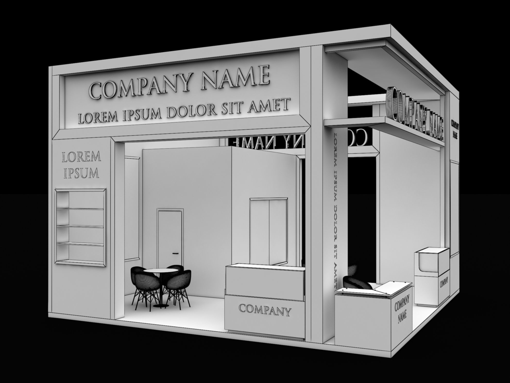 Booth Exhibition Stand Stall 7x7m Height 500 cm 3 Side Open 3D model_6