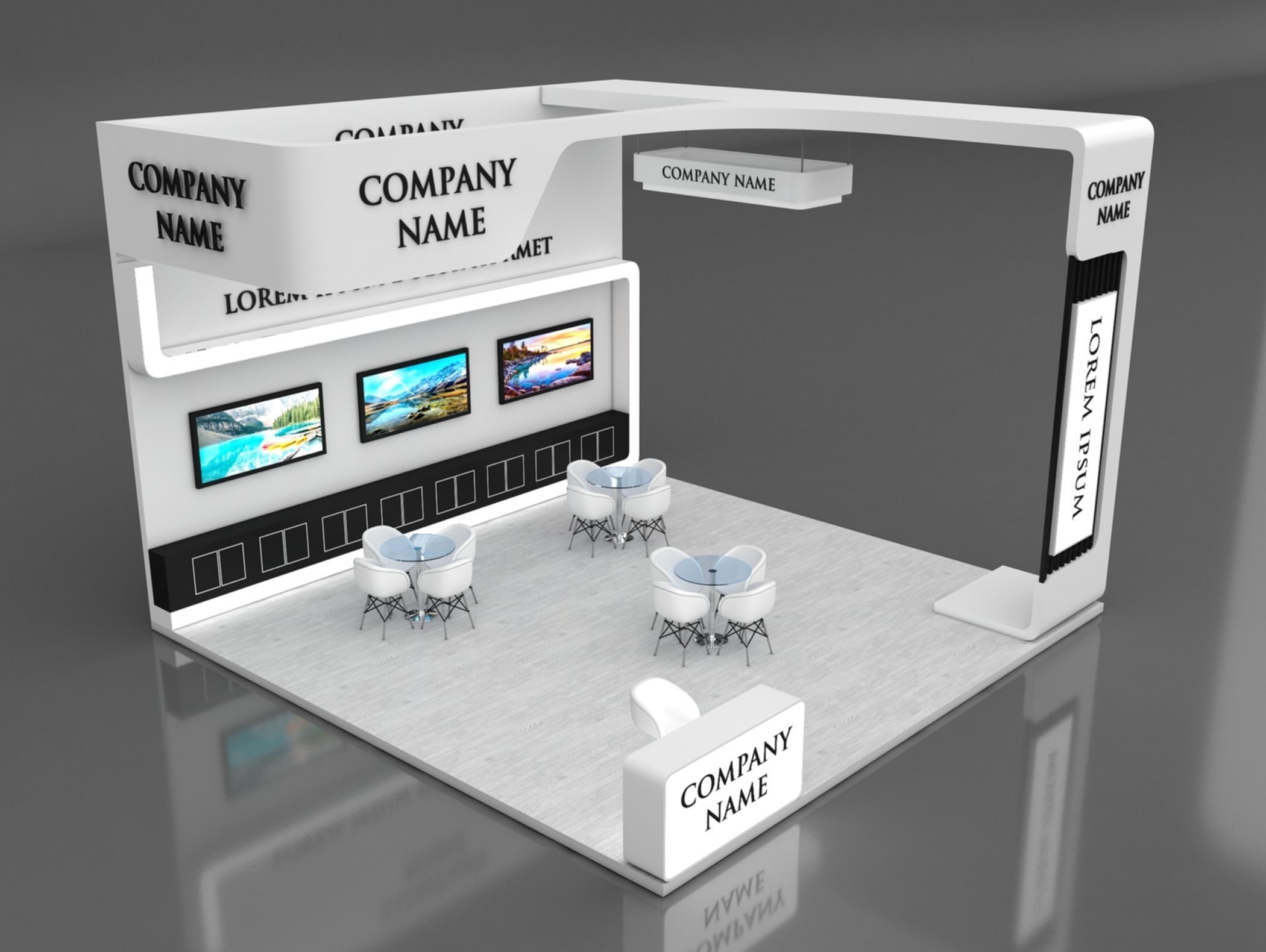 Booth Exhibition Stand Stall 7x7m Height 500 cm 3 Side Open 3D model_1