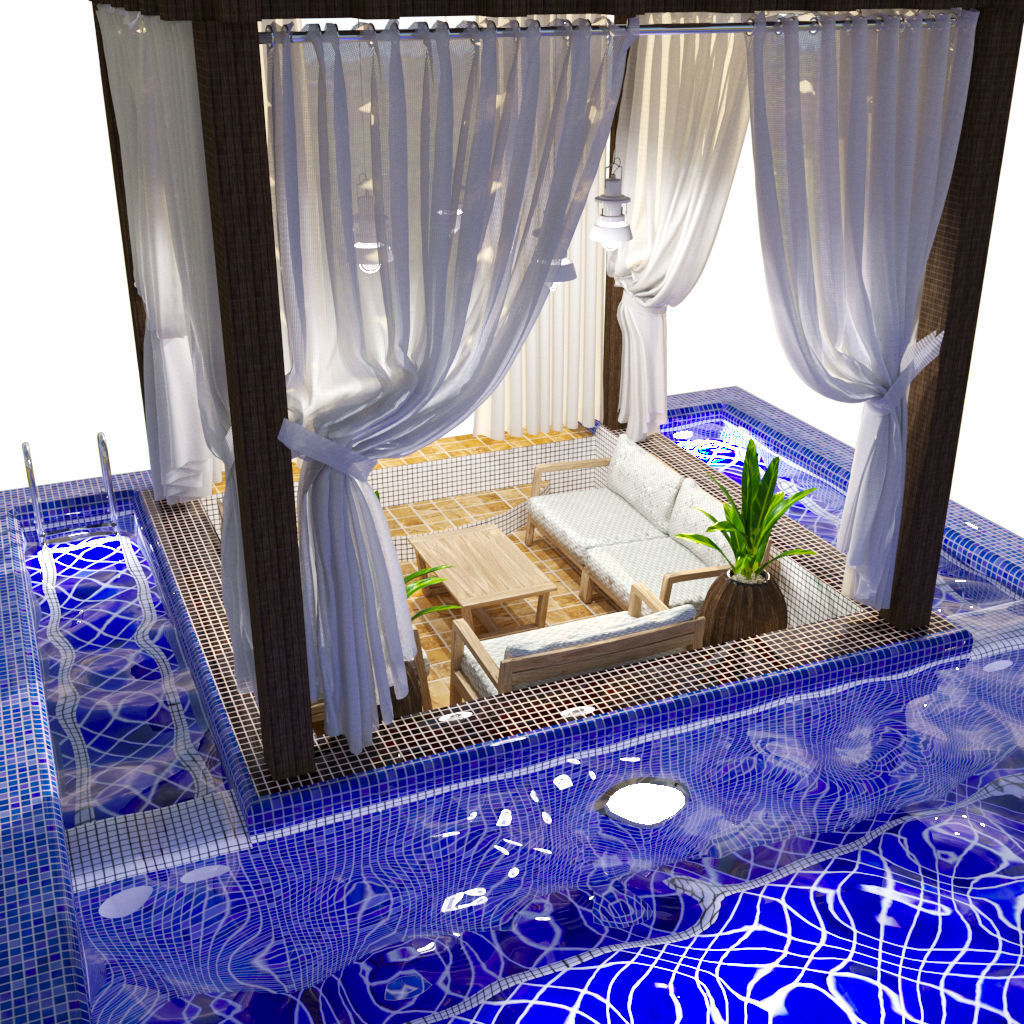 Pool with gazebo Low-poly 3D model_1