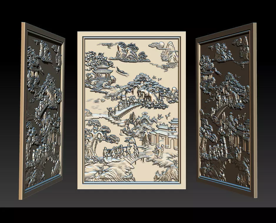 Mural landscape wood carving file stl OBJ and ZTL for CNC 3D print model_0