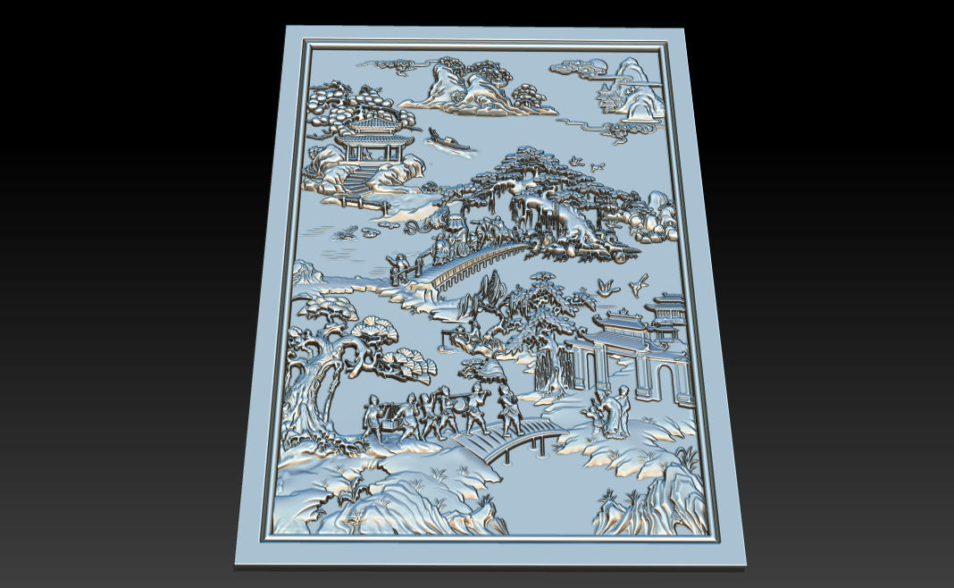 Mural landscape wood carving file stl OBJ and ZTL for CNC 3D print model_7