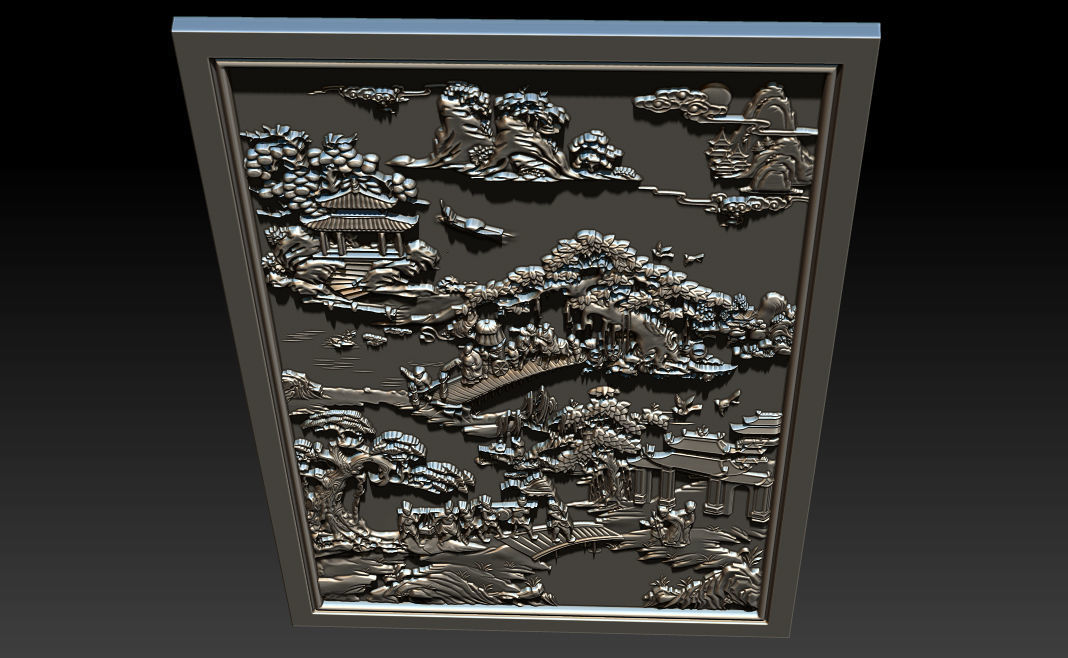 Mural landscape wood carving file stl OBJ and ZTL for CNC 3D print model_9
