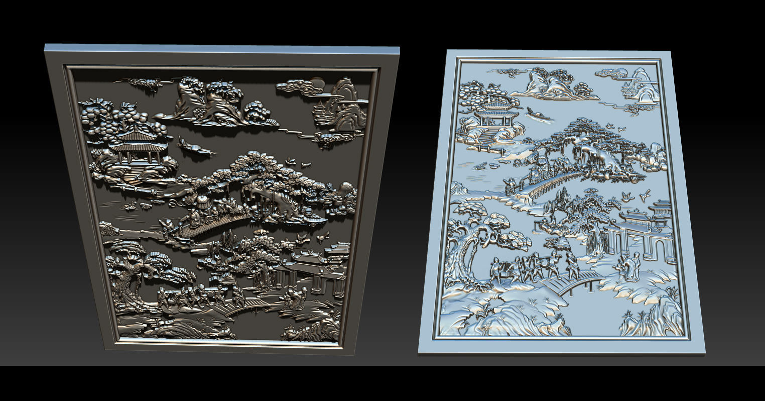 Mural landscape wood carving file stl OBJ and ZTL for CNC 3D print model_10