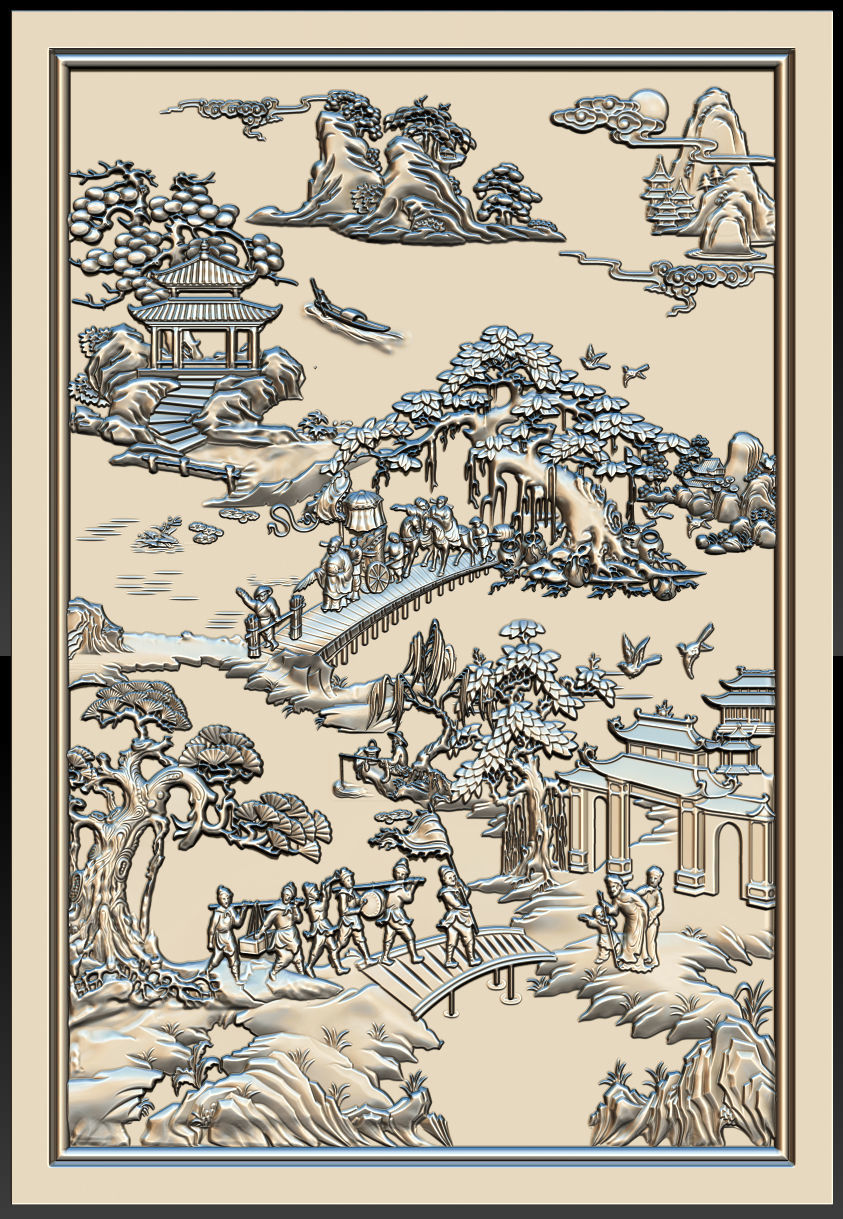 Mural landscape wood carving file stl OBJ and ZTL for CNC 3D print model_1