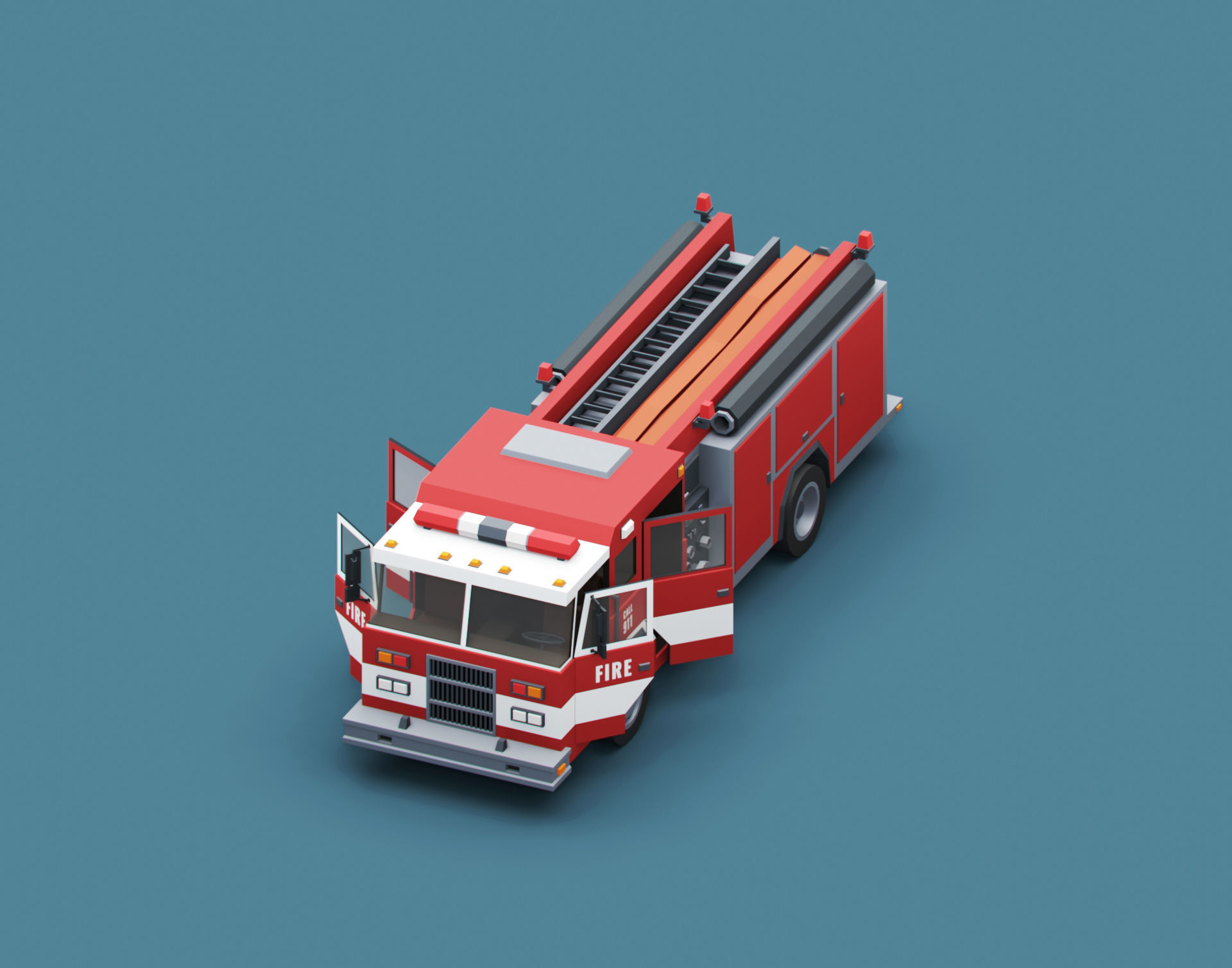 Cartoon Stylized American Fire Truck Low-poly 3D model_2