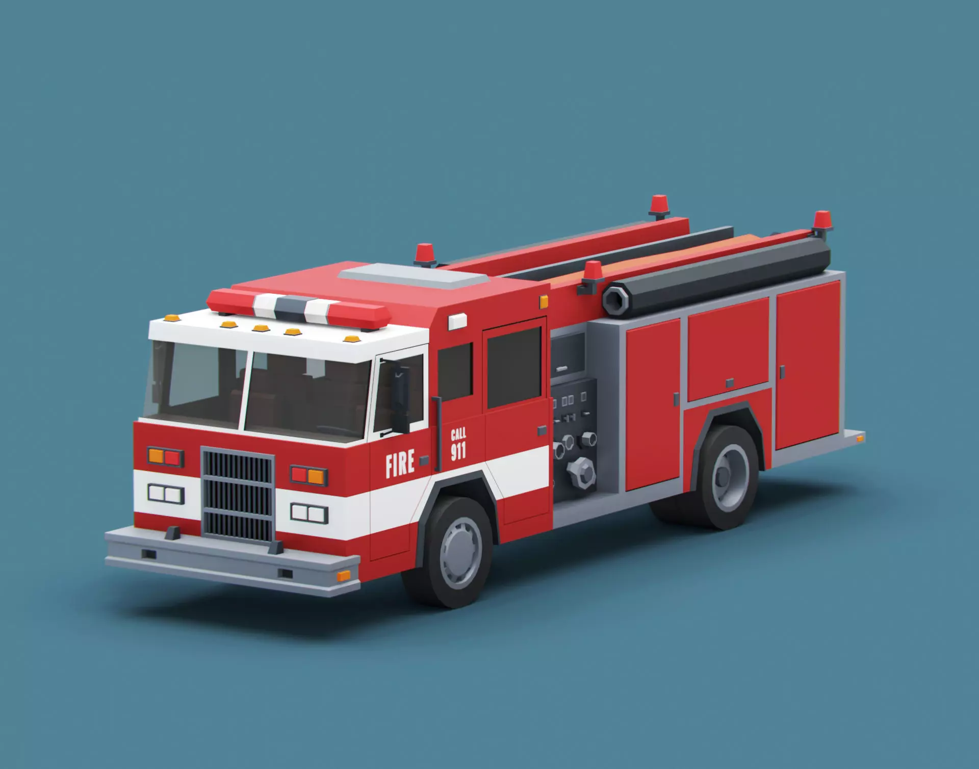 Cartoon Stylized American Fire Truck Low-poly 3D model_0