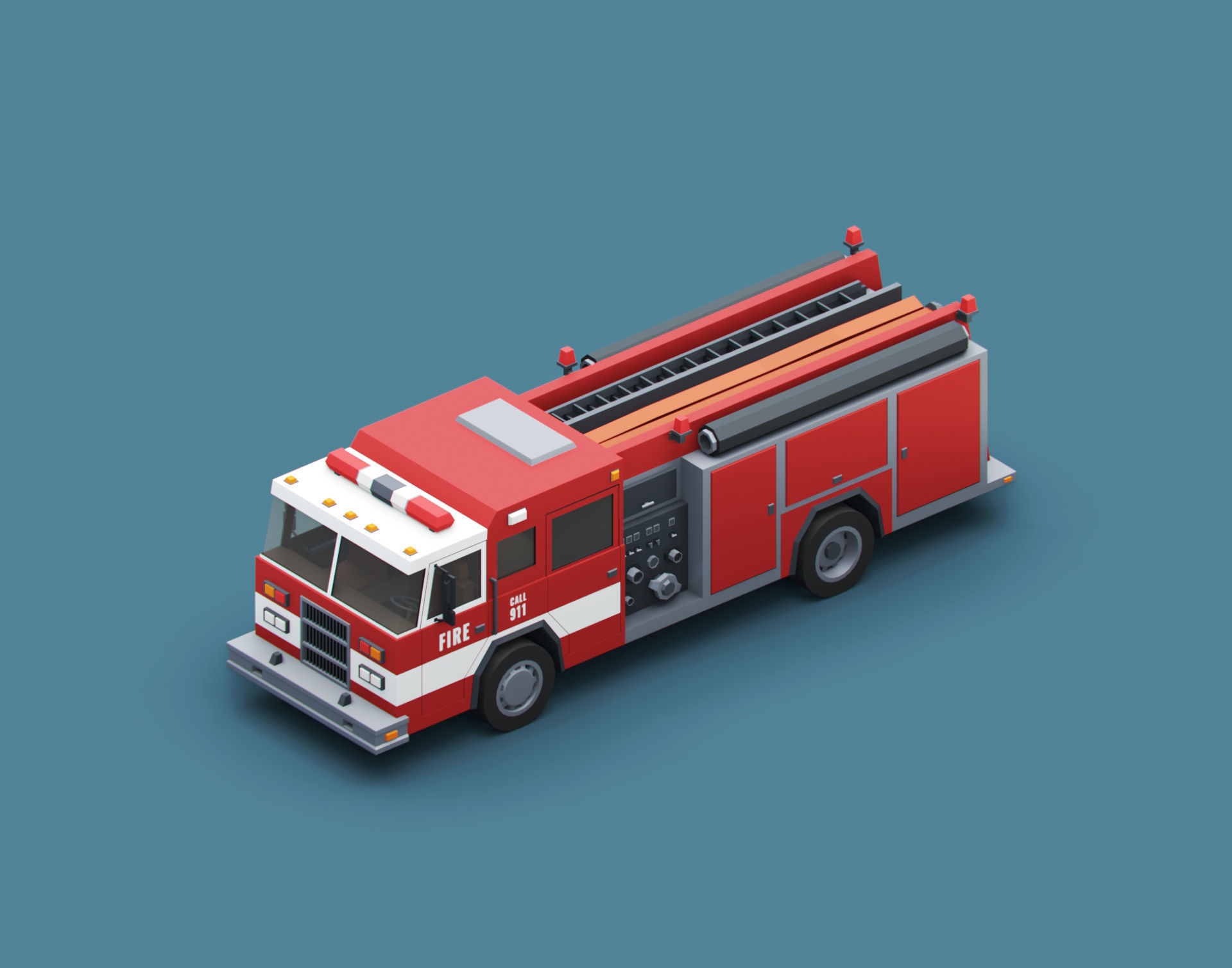 Cartoon Stylized American Fire Truck Low-poly 3D model_6