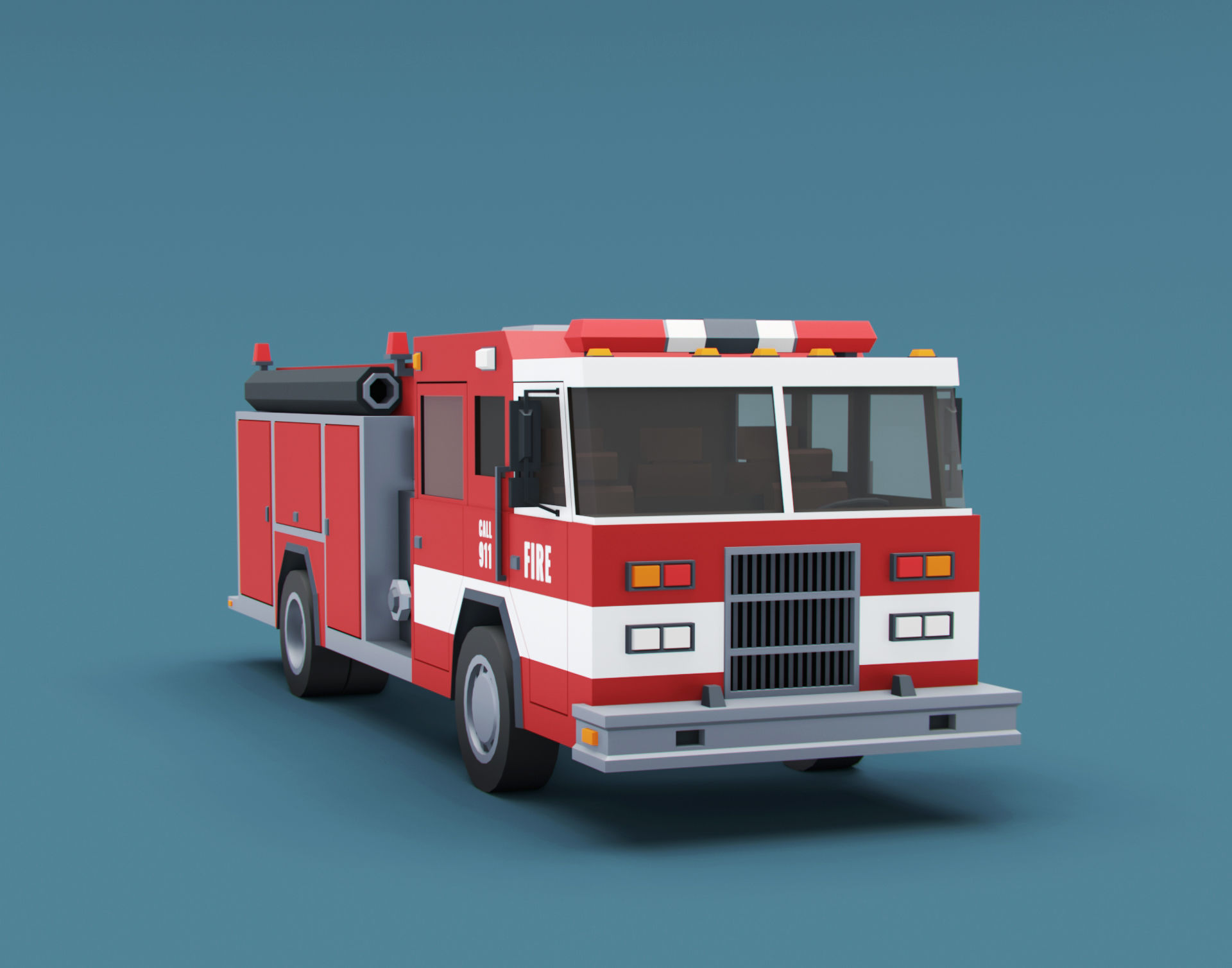 Cartoon Stylized American Fire Truck Low-poly 3D model_4